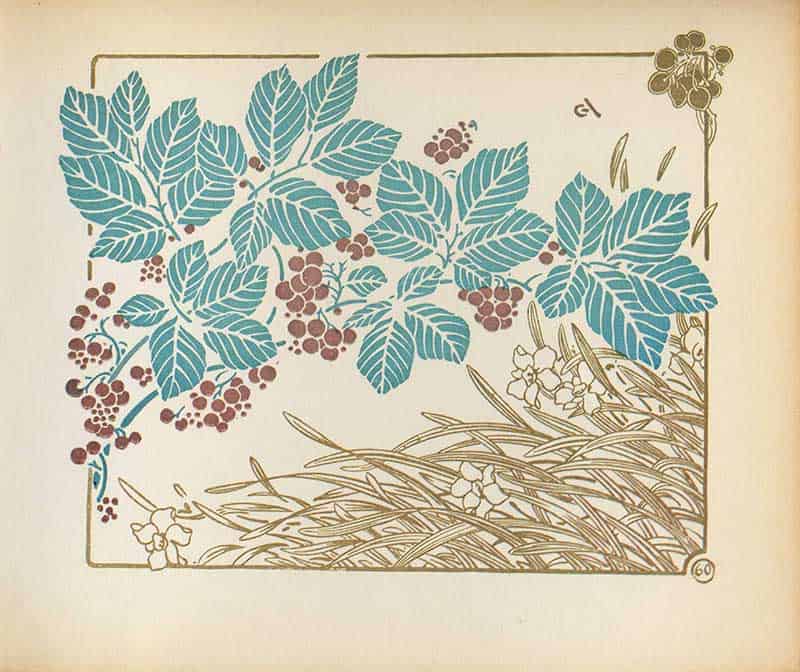 Combinaisons Ornementales plate with blue-green bramble leaves, purple berries, and fine grasses in the foreground.