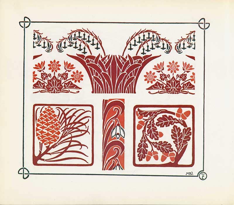 Combinaisons Ornementales plate of red floral borders, pinecone panels, leaf squares, and stylized plant forms.