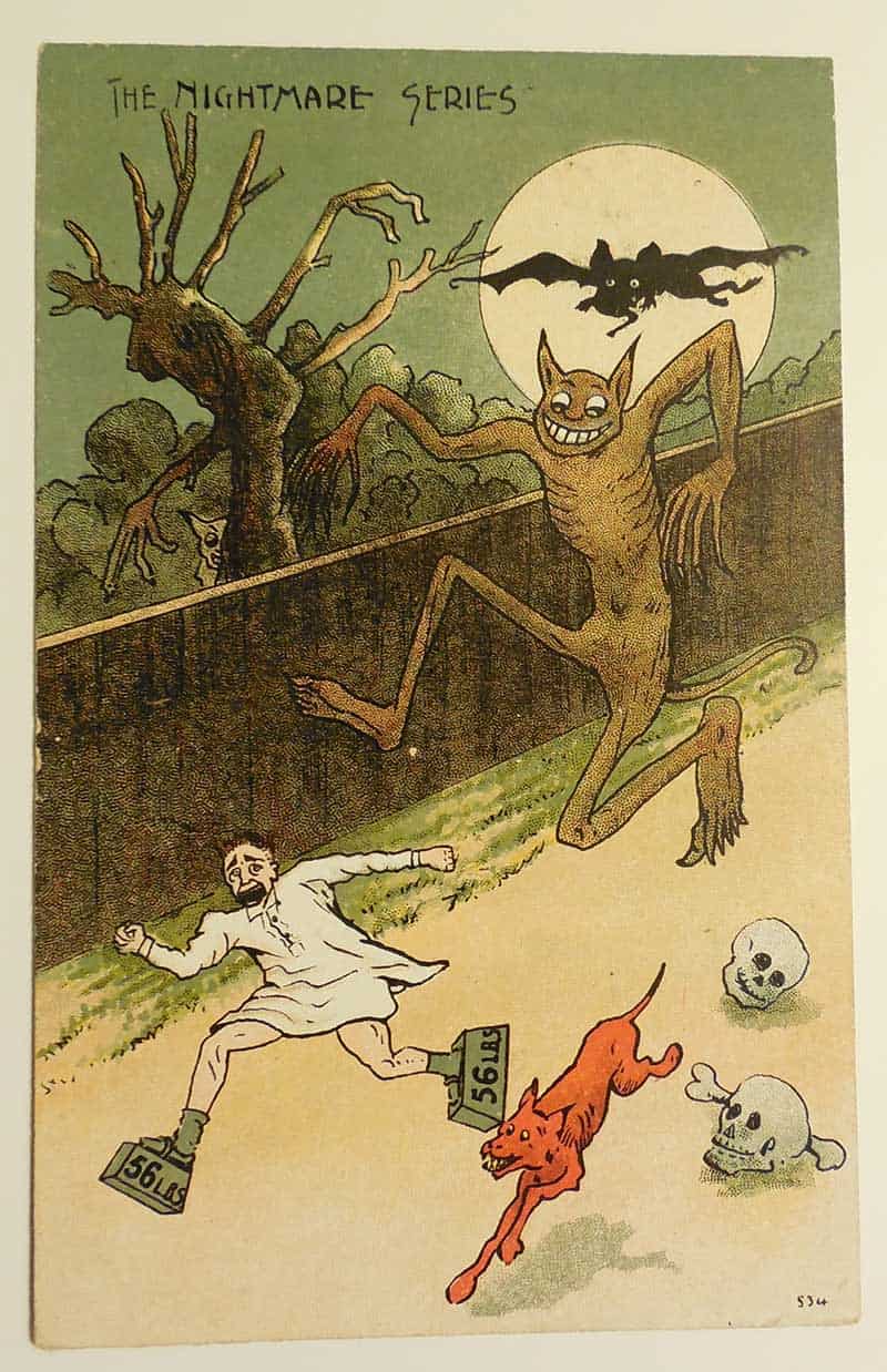 The Nightmare Series Halloween cartoon postcard with a grinning goblin creature, bats and a frightened man.