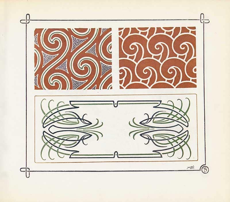 Combinaisons Ornementales plate with terracotta and green geometric scroll panels and mirrored linear ornament.