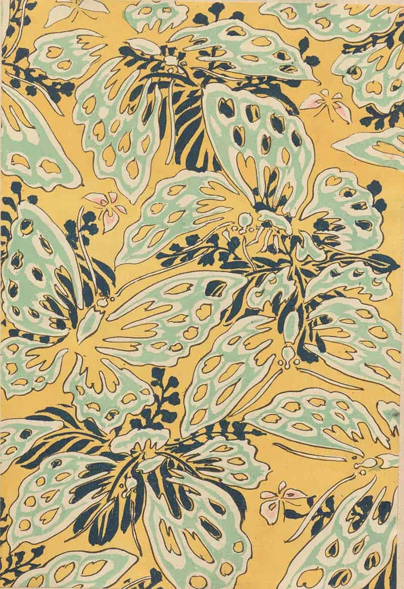Pale yellow and turquoise overlapping butterfly wings in a vintage ornamental natural history pattern