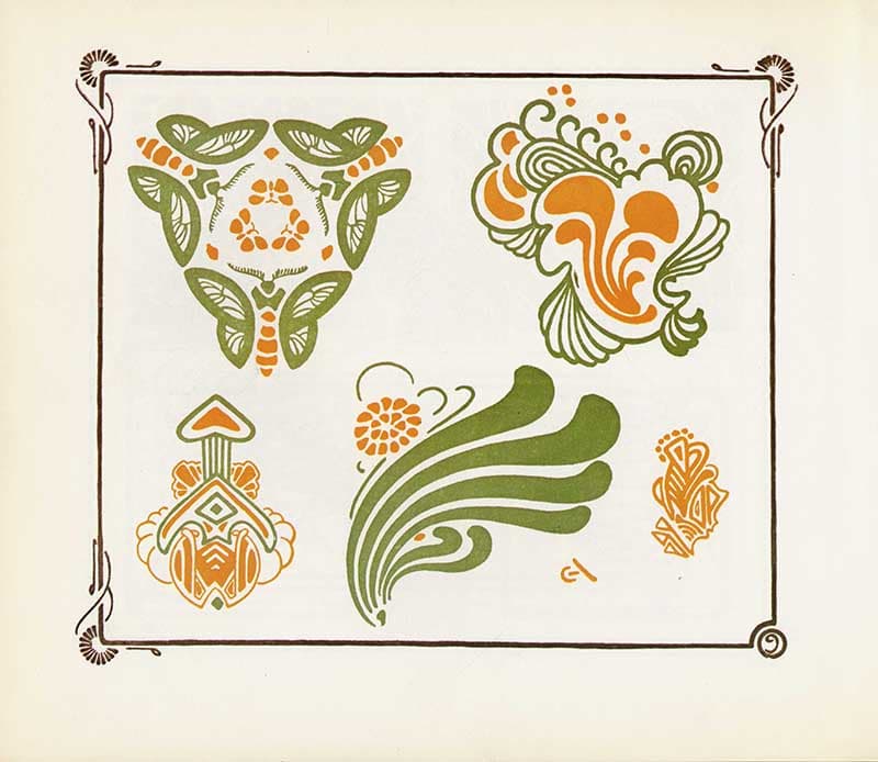 Combinaisons Ornementales plate with green and orange floral, leaf, and abstract botanical motifs inside a black border.