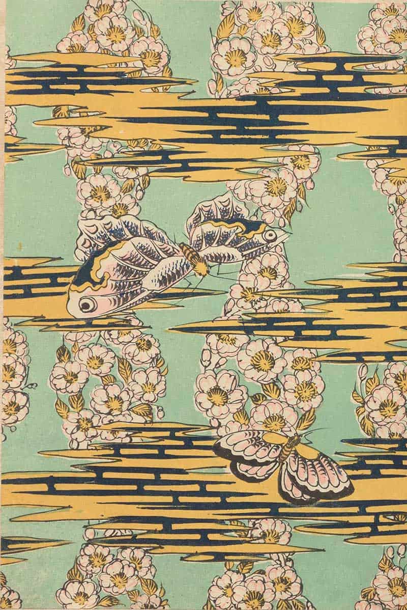 Butterflies among floral garlands and dark horizontal bands on a mint background in a vintage decorative print