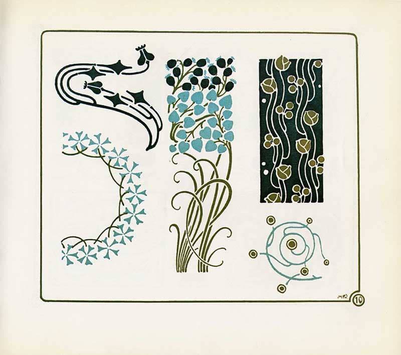 Combinaisons Ornementales plate with teal leaves, black vine panels, and delicate green botanical scroll designs.