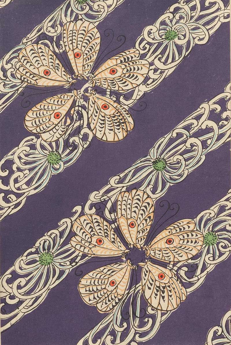 Cream butterflies with red markings on purple diagonal stripes in a vintage ornamental natural history design
