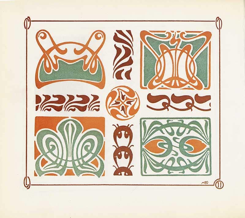 Combinaisons Ornementales plate of symmetrical orange, green, and brown abstract panels with stylized mask-like motifs.