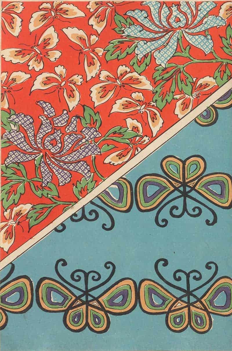 Red floral panel and turquoise panel with stylised butterflies in a vintage decorative butterfly print