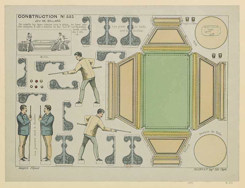 French cutout sheet number 885 Jeu de Billard, a chromolithograph model of a billiard table with balls, cues and players in Victorian dress