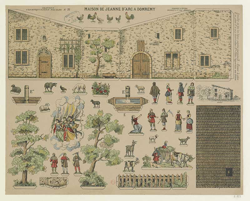 French cutout sheet number 78 Maison de Jeanne d'Arc a Domremy, showing the historic house, garden, trees, farm animals and small figures