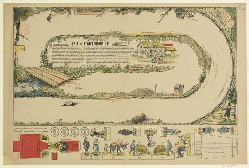 Imagerie d'Epinal sheet Jeu de l'Automobile, a chromolithograph board game sheet with a winding road track through a village, cars and figures