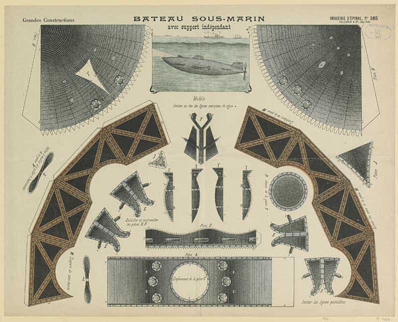 Imagerie d'Epinal sheet 385 Grandes Constructions Bateau Sous-Marin, a chromolithograph cutout model of a submarine with propeller and hull parts