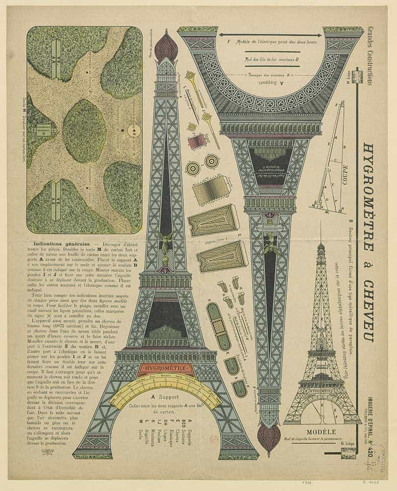 Imagerie d'Epinal sheet 420 Grandes Constructions Tour Eiffel and Hygrometre a Cheveu, a cutout model sheet with the Eiffel Tower and a hair hygrometer