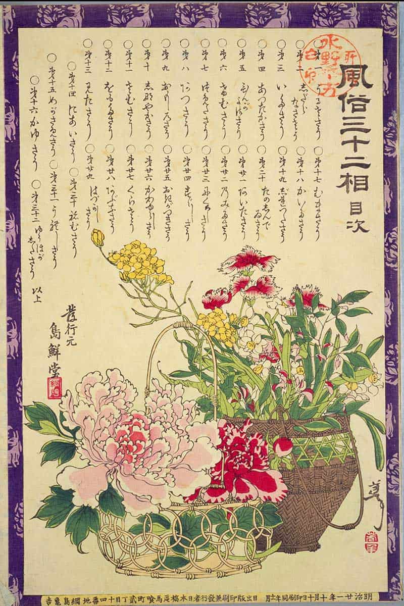 Tsukioka Yoshitoshi, Thirty-two Aspects of Customs and Manners: Table of Contents, showing title page and table of contents bordered in purple, with baskets of peonies, chrysanthemums and other flowers below the Japanese text.