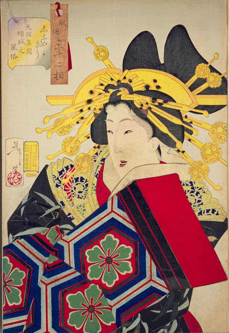 Tsukioka Yoshitoshi, Thirty-two Aspects of Customs and Manners: Feminine: Habits of a keisei of the Tempo era, showing courtesan with elaborate gold hair ornaments wearing richly patterned red, blue and black robes.