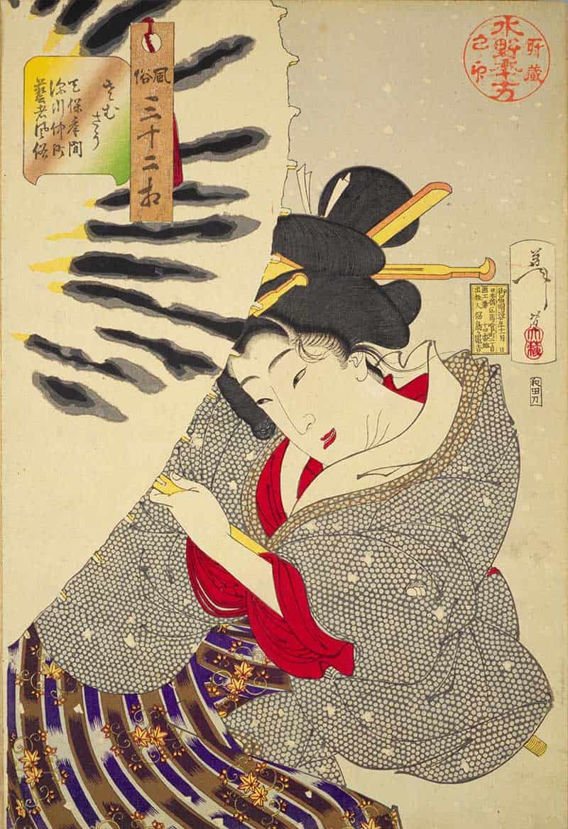 Tsukioka Yoshitoshi, Thirty-two Aspects of Customs and Manners: Frozen: Habits of a geisha of the Nakamachi district of Fukagawa in the Tempo era, showing woman huddled in a grey patterned kimono beside a snow-covered tree trunk.