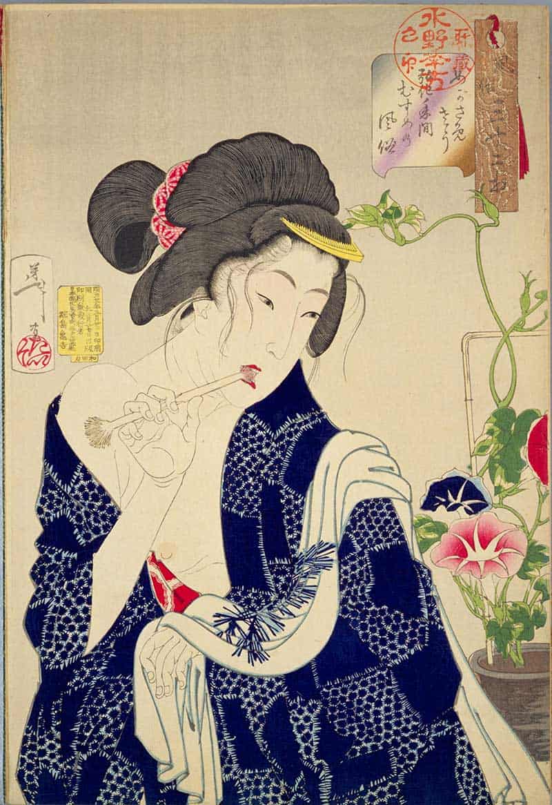 Tsukioka Yoshitoshi, Thirty-two Aspects of Customs and Manners: Awake: A young woman of the Koka era, showing young woman among morning glories brushing or touching her mouth while waking.