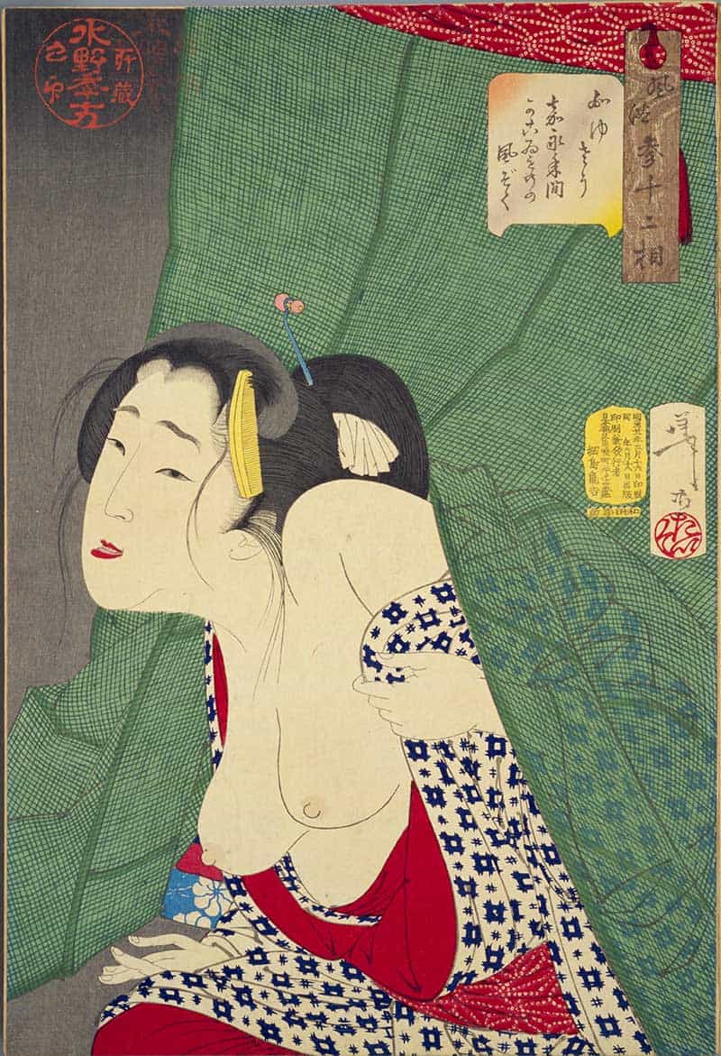 Tsukioka Yoshitoshi, Thirty-two Aspects of Customs and Manners: Itchy: Habits of a concubine of the Kaei era, showing woman partly behind a green mosquito net scratching her shoulder.
