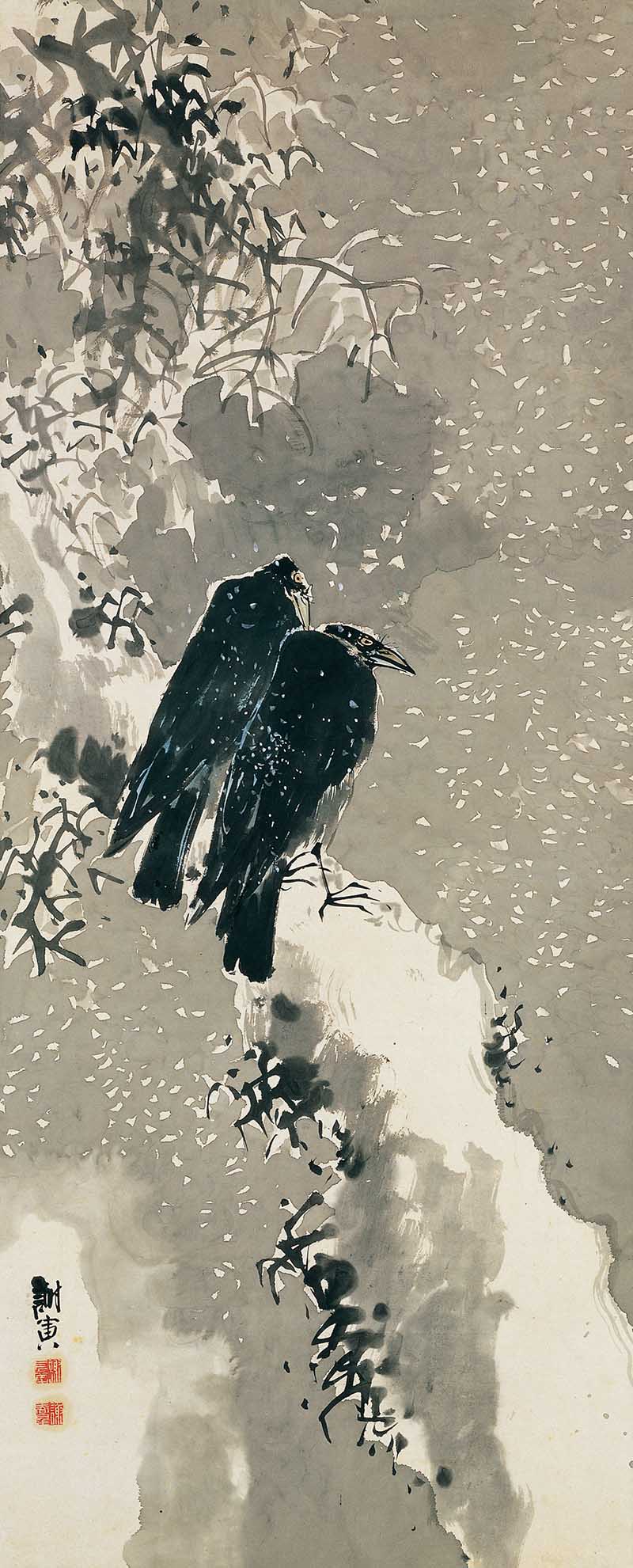Japanese ink painting of crows and a kite among snow-covered branches by Yosa Buson (Kitamura Museum collection).