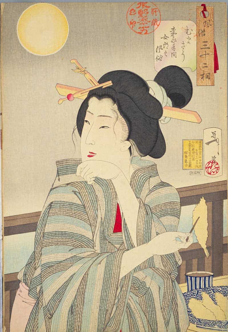 Tsukioka Yoshitoshi, Thirty-two Aspects of Customs and Manners: Delicious: Habits of a prostitute of the Kaei era, showing woman holding a cloth or paper near a cup and tray, with a pale moon-like circle above.