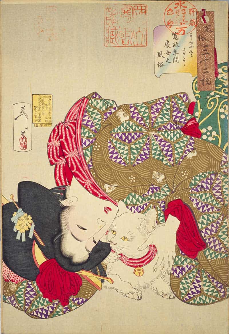 Tsukioka Yoshitoshi, Thirty-two Aspects of Customs and Manners: Tiresome/Noisy: Habits of a virgin of the Kansei era, showing young woman in a patterned kimono reclining beside a white cat with a bell collar.