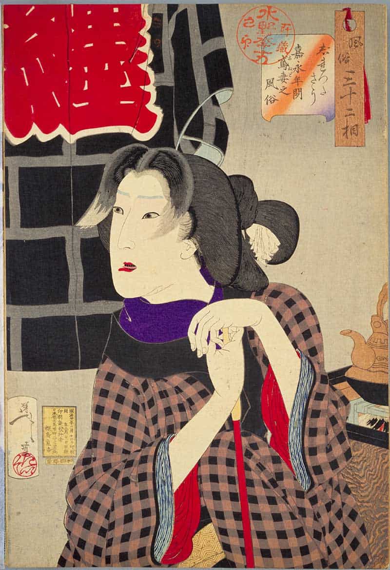 Tsukioka Yoshitoshi, Thirty-two Aspects of Customs and Manners: Expectant/Irritable: Habits of the wife of a fire chief in the Kaei era, showing woman in a checked kimono seated before a fireman's standard or banner.