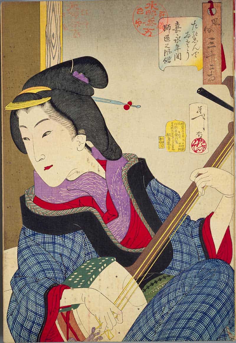 Tsukioka Yoshitoshi, Thirty-two Aspects of Customs and Manners: Enjoying: Habits of a teacher of the Kaei era, showing woman in blue robes playing a shamisen stringed instrument.