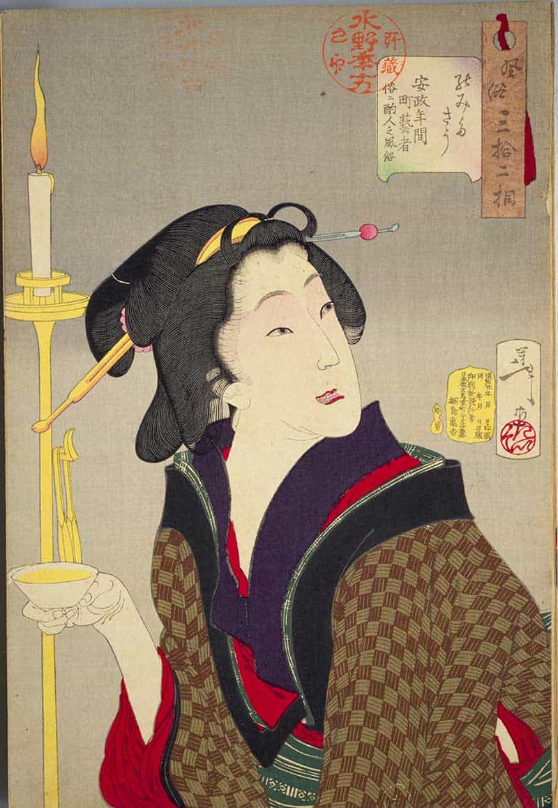 Tsukioka Yoshitoshi, Thirty-two Aspects of Customs and Manners: Thirsty: Habits of a street geisha, a bar-girl, of the Ansei era, showing woman holding a small cup beside a tall candle flame.