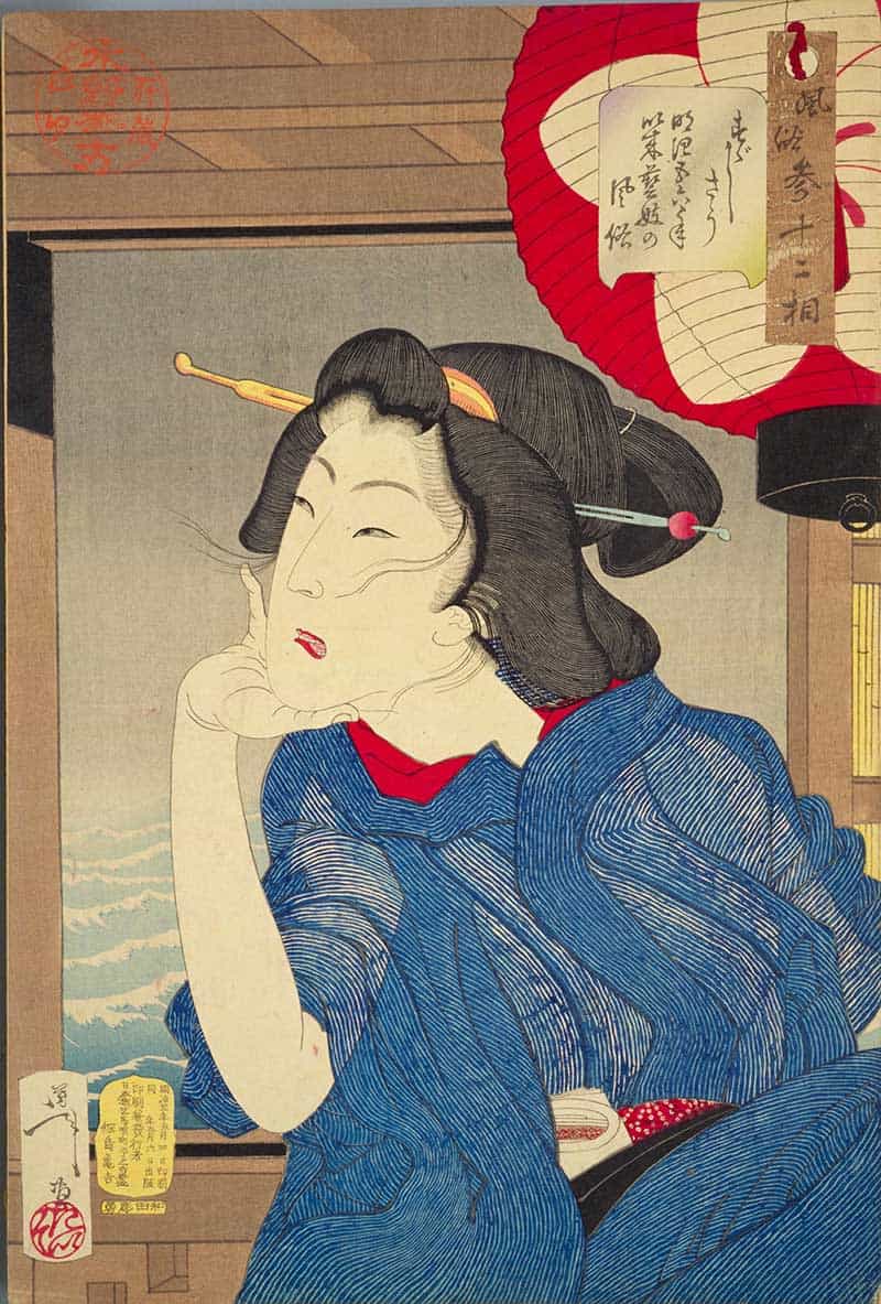 Tsukioka Yoshitoshi, Thirty-two Aspects of Customs and Manners: Cool: Habits of a geisha of the 5th or 6th year of the Meiji era, showing woman in a blue striped kimono seated beneath a large red paper lantern.