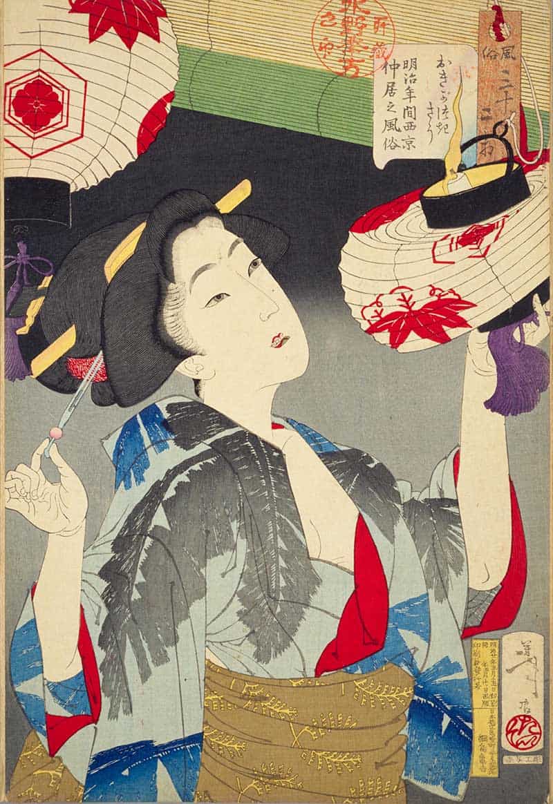 Tsukioka Yoshitoshi, Thirty-two Aspects of Customs and Manners: Observant: Habits of a waitress of Western Kyoto in the Meiji era, showing woman in pale robes looking up while holding a decorated lantern and hairpin.