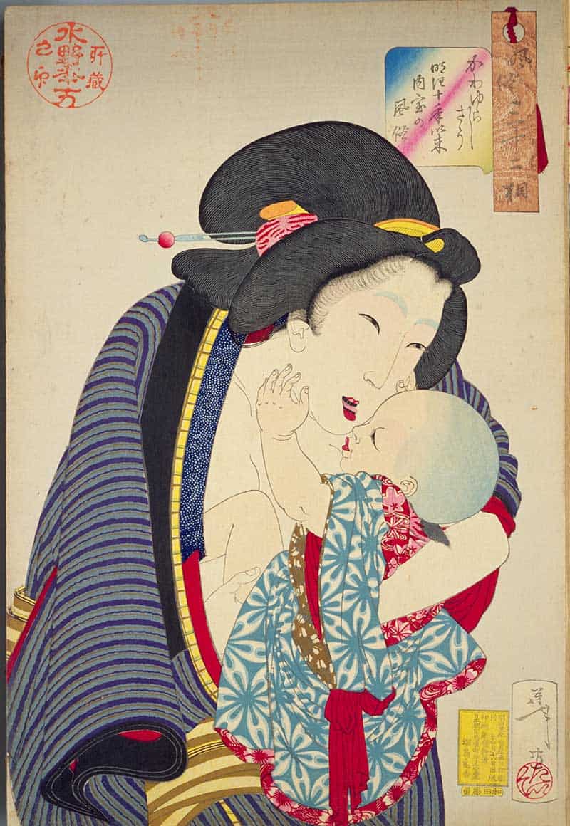 Tsukioka Yoshitoshi, Thirty-two Aspects of Customs and Manners: Cute: Habits of a housewife of the 10th year of the Meiji era, showing woman in striped outer robe holding a small child dressed in patterned clothing.