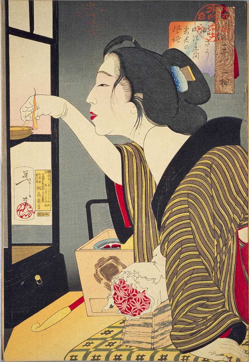 Tsukioka Yoshitoshi, Thirty-two Aspects of Customs and Manners: Dark: Habits of a housewife of the Meiji era, showing woman seated indoors by a window trimming or adjusting a hanging lantern or lamp.