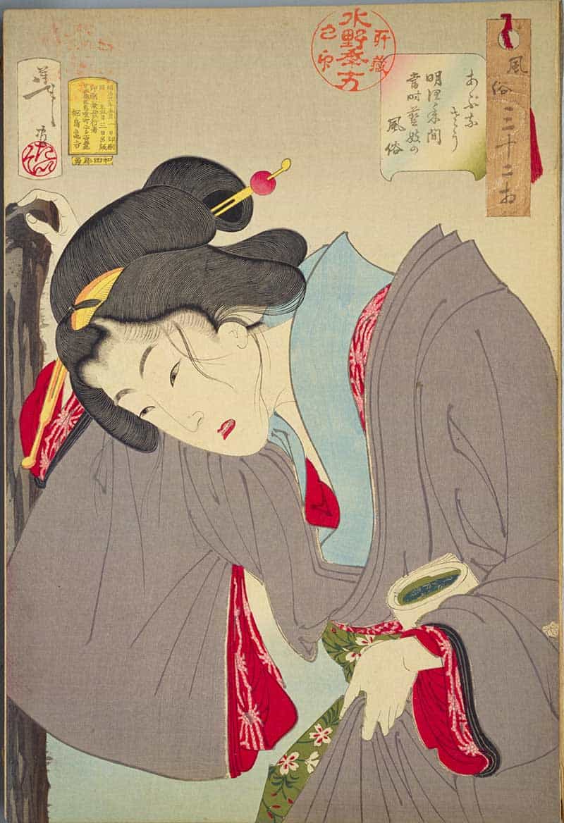 Tsukioka Yoshitoshi, Thirty-two Aspects of Customs and Manners: Dangerous: Habits of a modern geisha of the Meiji era, showing woman leaning over in a grey kimono with a small cup or container in one hand.