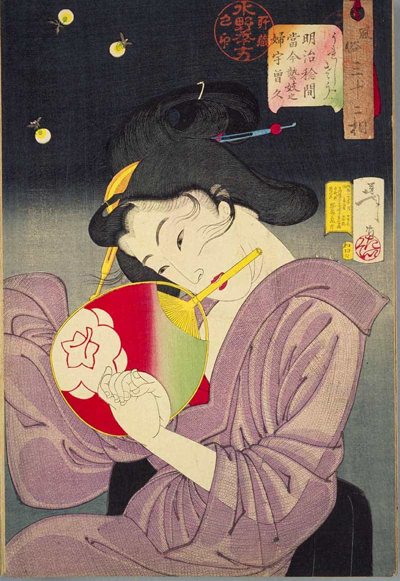 Tsukioka Yoshitoshi, Thirty-two Aspects of Customs and Manners: Happy: Habits of a modern geisha of the Meiji era, showing smiling woman holding a decorated fan at night with glowing fireflies around her.