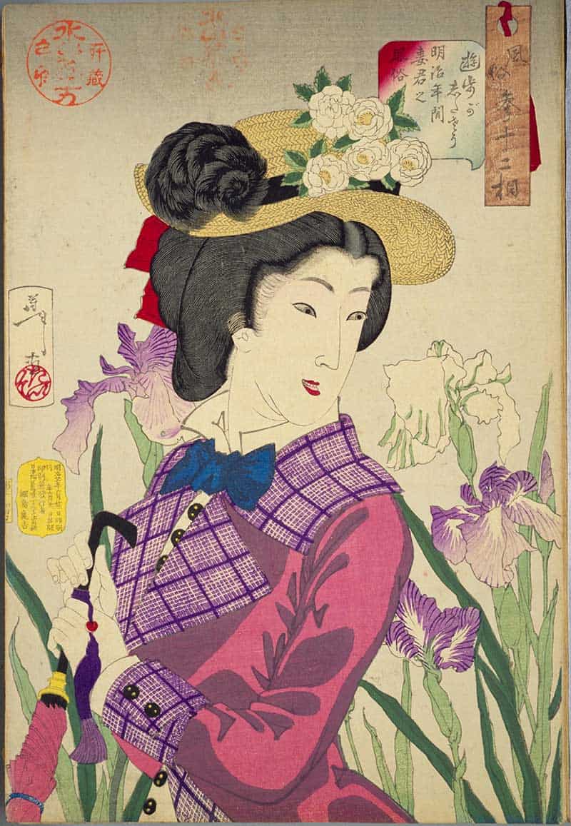 Tsukioka Yoshitoshi, Thirty-two Aspects of Customs and Manners: Strolling: Habits of the wife of a nobleman of the Meiji era, showing upper-class woman in Western-style purple checked clothing with a straw hat, parasol and irises.