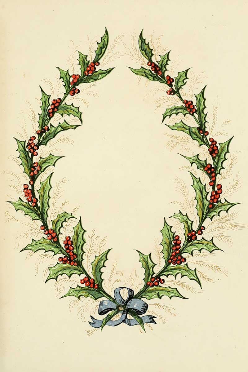 Decorative vintage Christmas wreath of holly leaves, red berries and feathery foliage tied with a blue ribbon; original publication not identified.