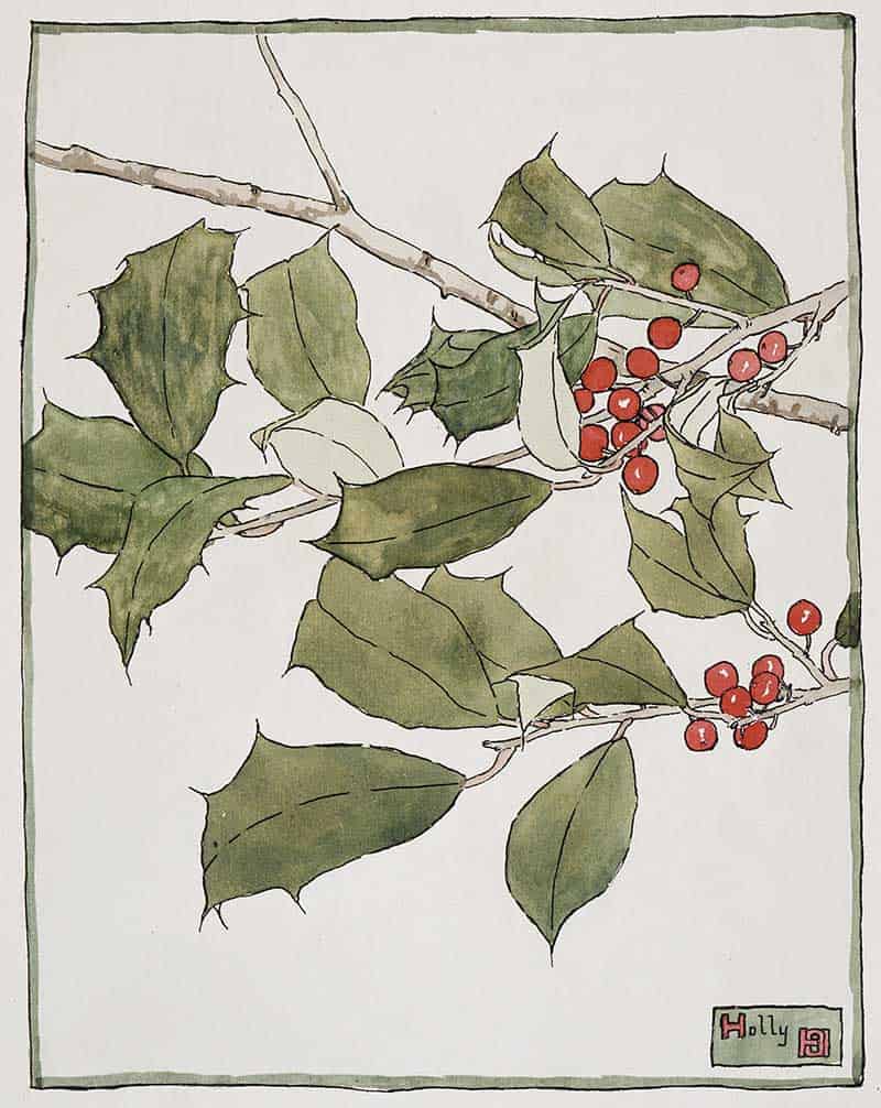 Stylized holly branch with dark green leaves and bright red berries, artwork by Hannah Borger Overbeck; original publication not identified.