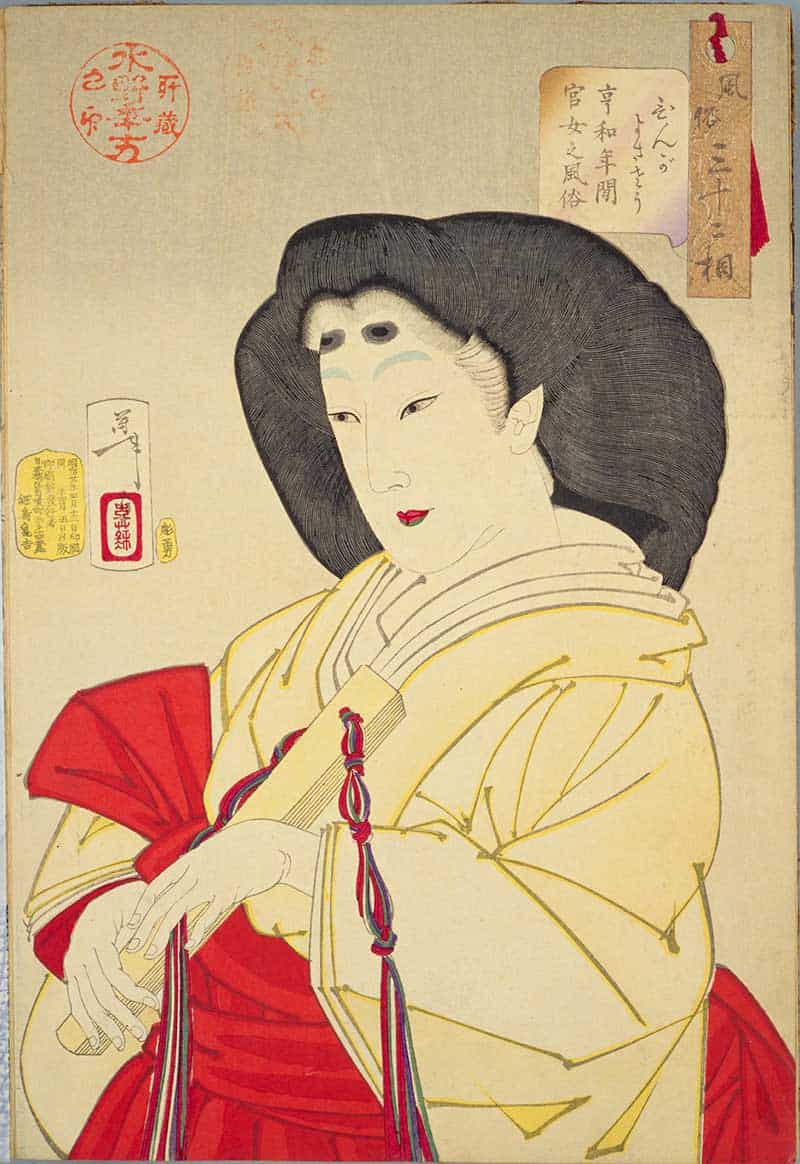 Tsukioka Yoshitoshi, Thirty-two Aspects of Customs and Manners: Elegant: Habits of a lady of the Imperial court in the Kyowa era, showing court lady in pale yellow robes holding red cord tassels, with formal hair and small blackened teeth.