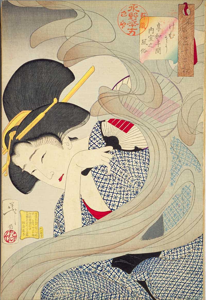 Tsukioka Yoshitoshi, Thirty-two Aspects of Customs and Manners: Smoky: Habits of a housewife of the Kyowa era, showing woman in a blue patterned kimono bending through curling smoke while holding a fan.