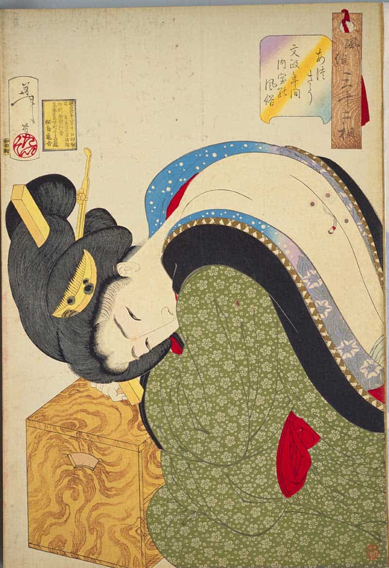 Tsukioka Yoshitoshi, Thirty-two Aspects of Customs and Manners: Hot: Habits of a wealthy housewife of the Bunsei era, showing woman in a green patterned kimono leaning forward with her hair arranged in a broad coiffure.