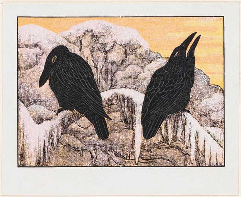 Two black crows on a snow-covered rocky ledge, lithograph 'Crow and Jackdaw' by Theo van Hoytema, 1903.