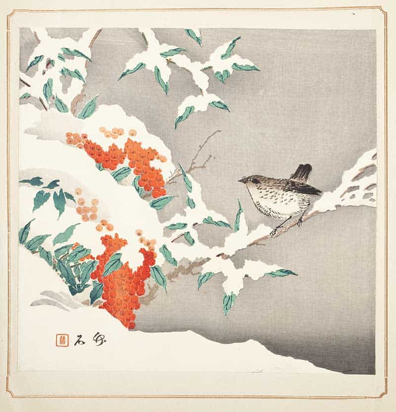 Winter sparrow perched on a snow-laden branch with red nandina berries, Japanese print after Nagamachi Chikuseki.